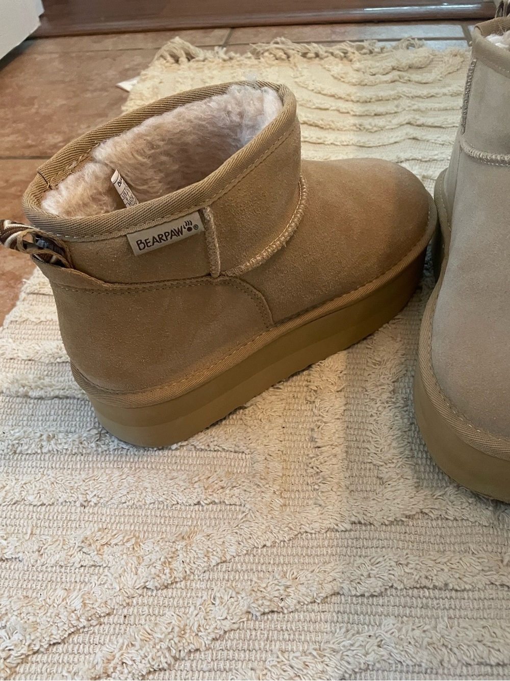 BearPaw Tan Suede Shearling Platform Ankle Booties